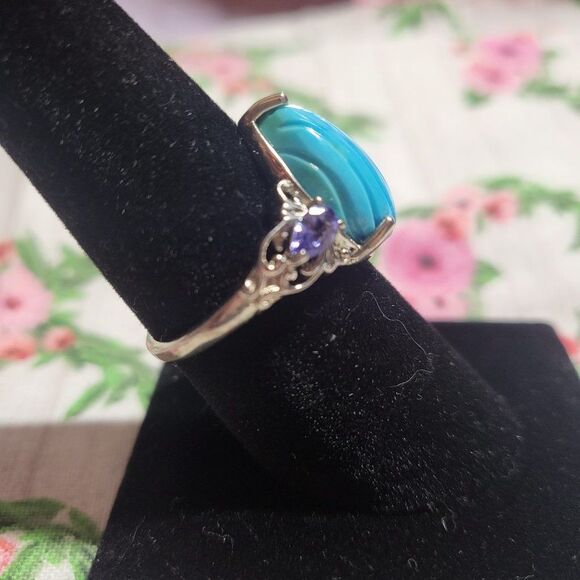 Sleeping Beauty Carved Turquoise & Tanzanite Sterling Silver Ring - Picture 3 of 5